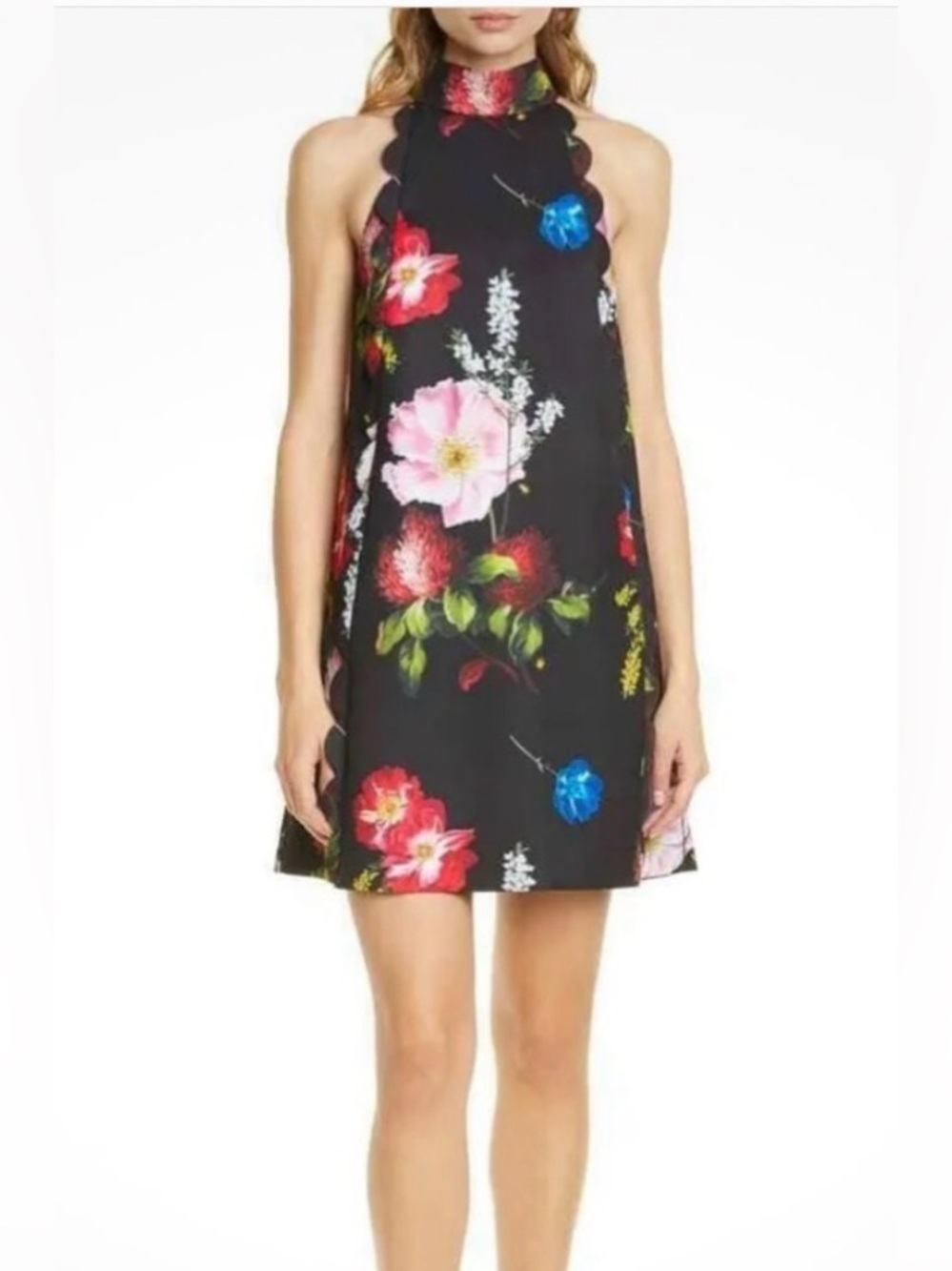 Ted Baker Tanii black bold floral tank-cut scalloped edge mini dress -size US 10